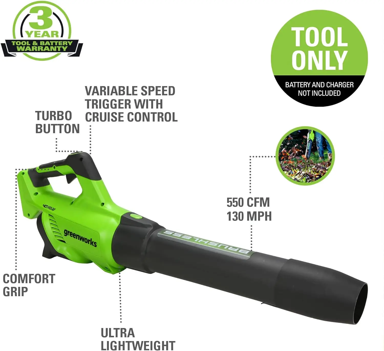 40V (130 MPH / 550 CFM / 75+ Compatible Tools) Cordless Brushless Axial Leaf Blower, Tool Only