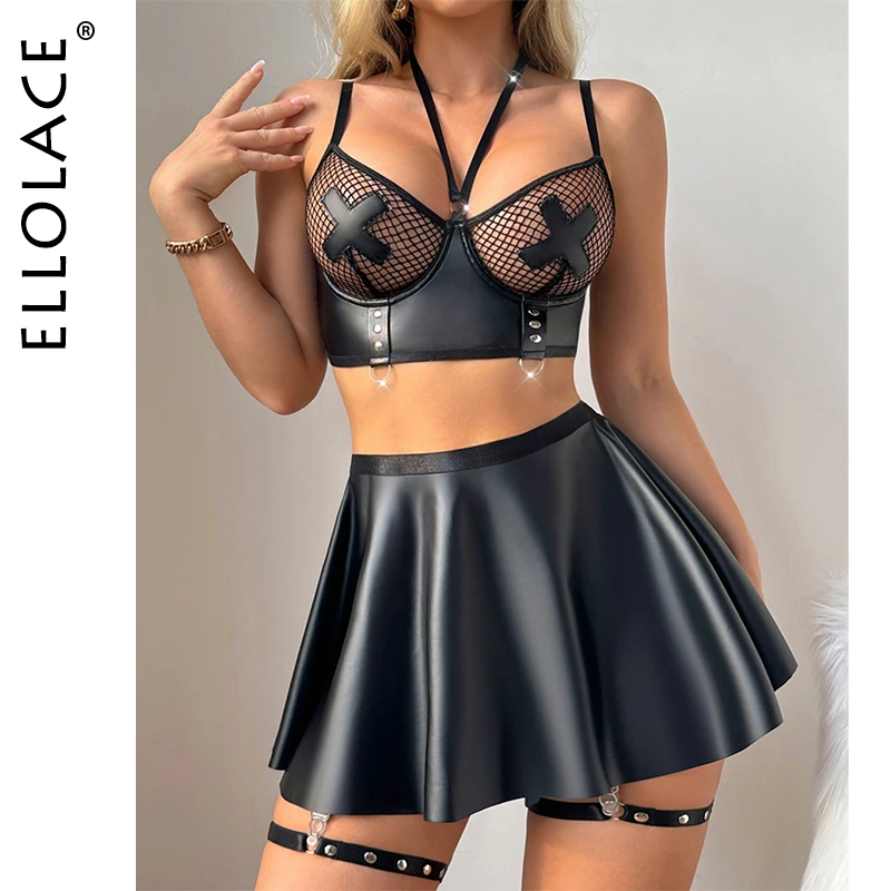 

Ellolace Fetish Lingerie Sexy Women Halter Fishnet Leather Patchwork Bra Skirt 2PC Set with Leg Circles Erotic Cross Cover Latex