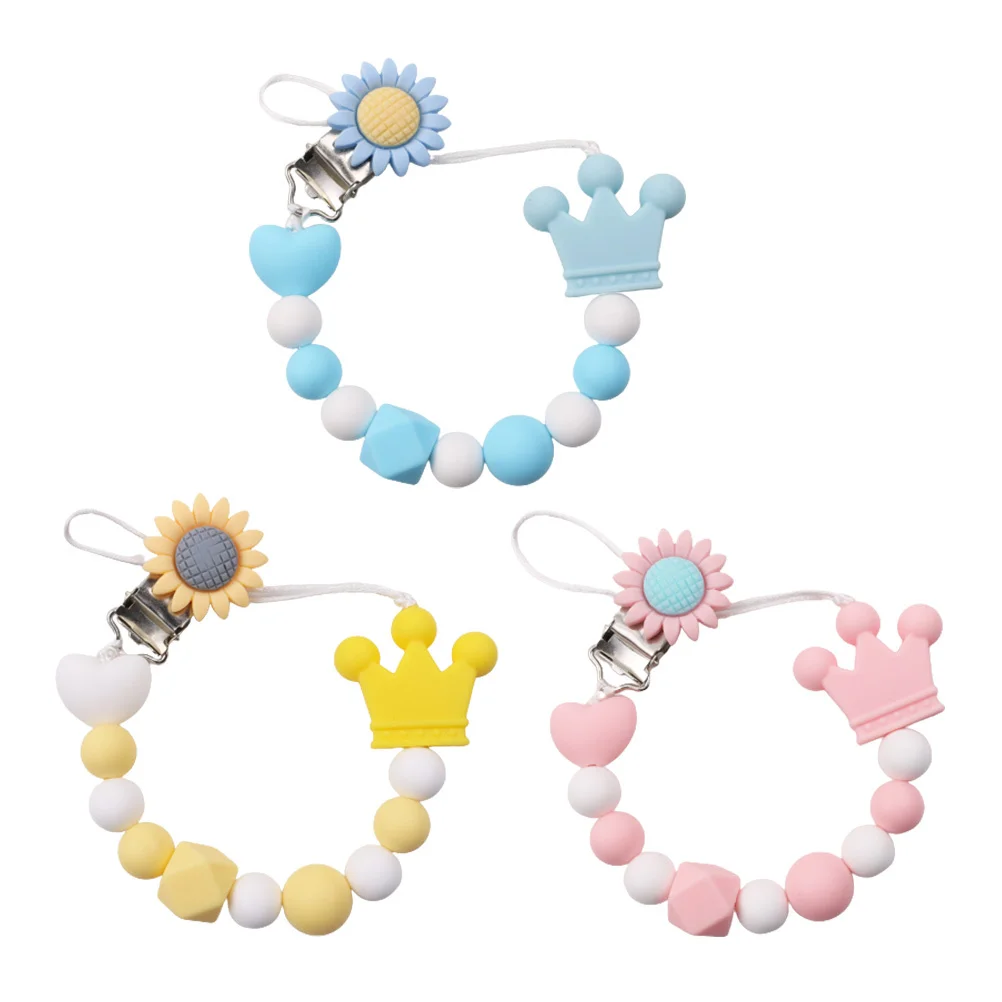 

1Set Baby Pacifier Clips Flower Crown Silicone Teether Pink Molar Tool Baby Pacifier Chain Silicone Teether