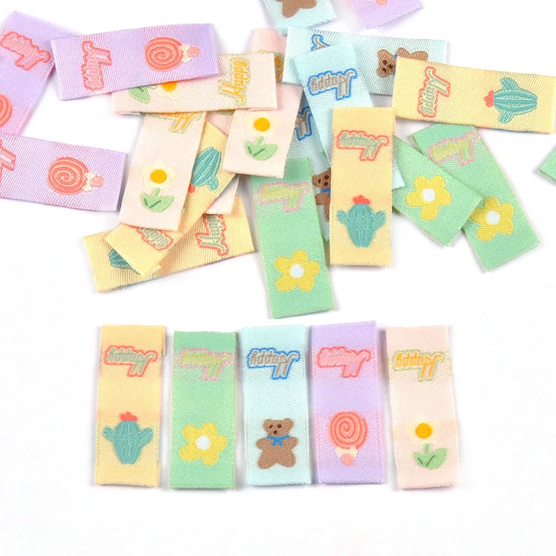 50pcs 39x15mm Cute Bear/Flower/Cactus/Lollipop Mixed Embroidered Labels Washable Tags For Clothes Sewing Accessories Decor c3742