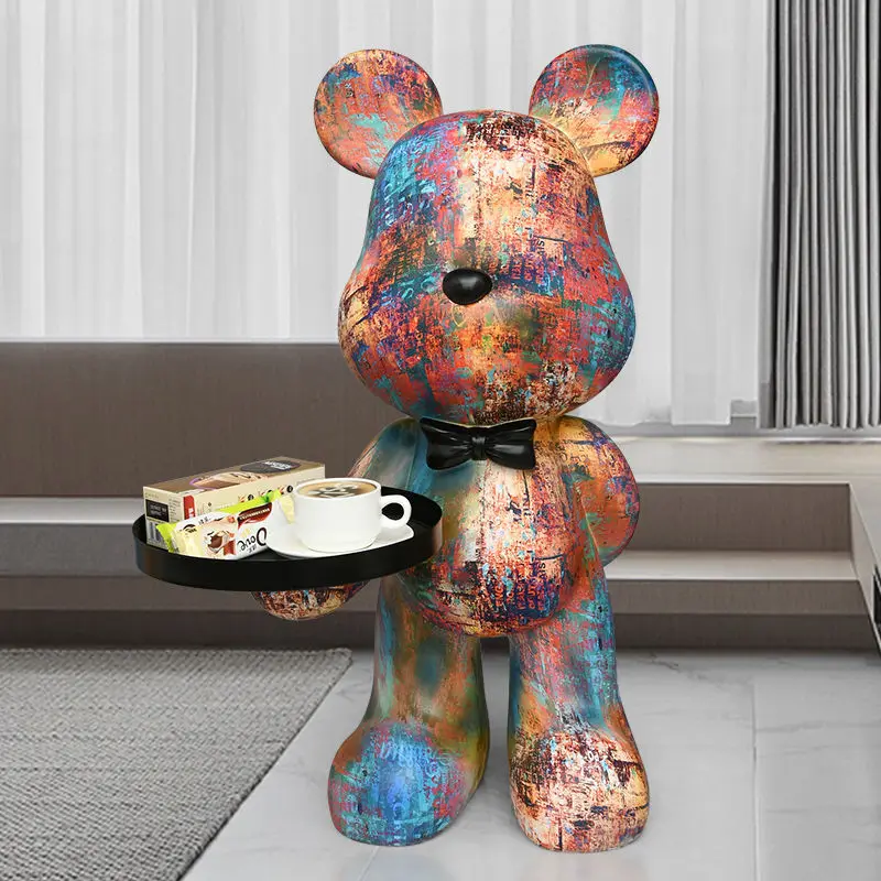 Teddy Bear Floor Statue with Tray, Resin Bow Tie Bear Sculpture Storage Organizer Modern Home Decor for Living Room Entrance