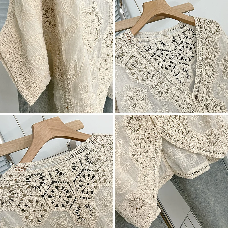 

New Boho Crochet Cardigan - Romantic Floral Geometric Lace Cover-Up For Vacation Daily Wear Lightweight V-Neck Button-Up Knit