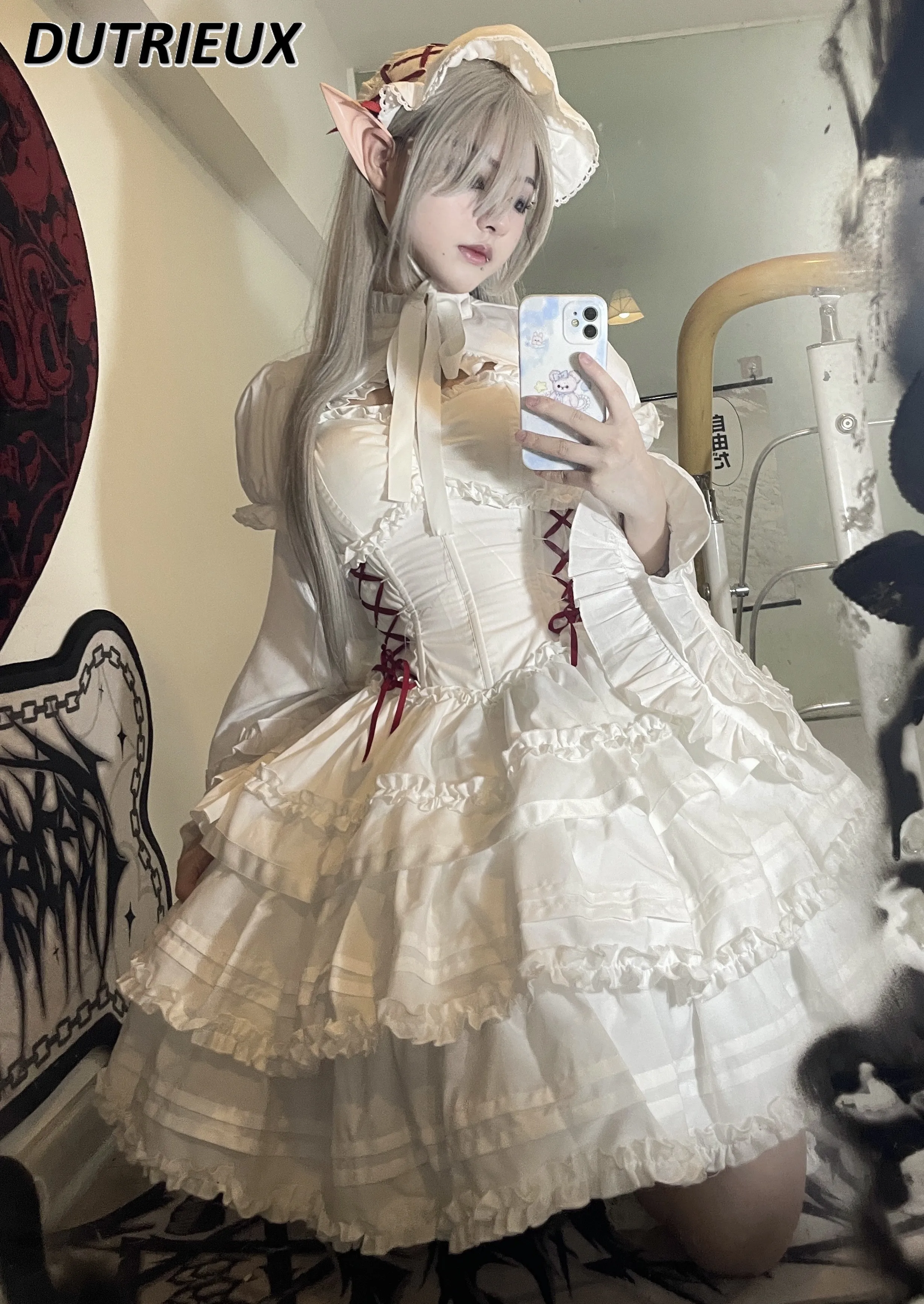 

Japanese Original Lolita Gothic High Waist Bow Slim Sleeveless Dress Sweet Girls White Lace-up Dresses and Waistcoat Sleeves