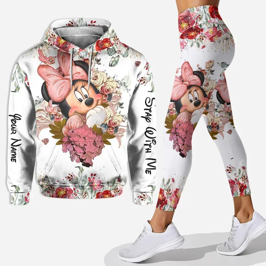 Disney-Conjunto feminino com capuz e leggings 3D Mickey Mouse, calça minnie yoga, moletom personalizado, terno esportivo, moda