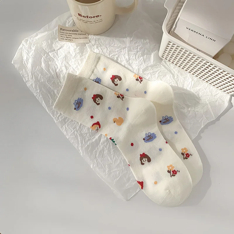 Leuke Roodkapje Cartoon Mid Kuit Sokken Gekamd Katoen Ademend Schoolstijl Witte Sokken voor Dames