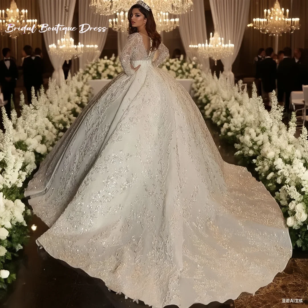 

Customized Gorgeous Wedding Party Dress Fully Beaded With Princess Ball Gown O-Neck Fu ll Sleeve Bride Dress Vestido De Novia