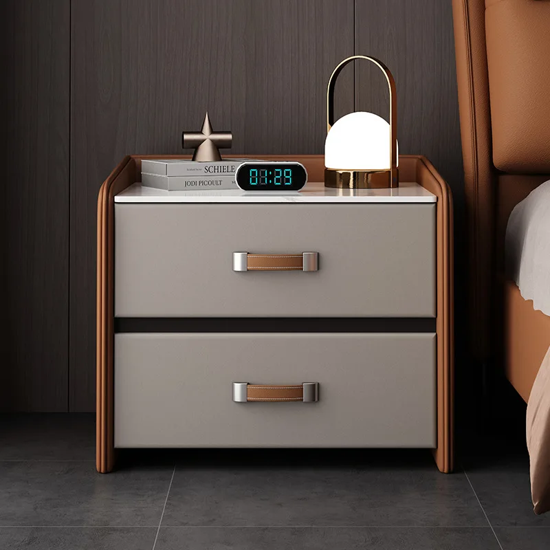 New Saddle Leather Nightstand High End Bedroom Furniture Bedside Table Italian Light Luxury Sintered Stone Bedside Table