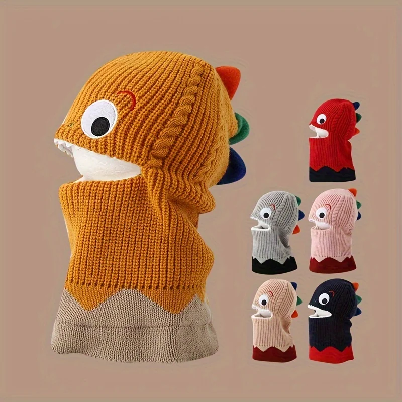 

Зимняя шапка с ушками динозавра для молодежи со съемным нагрудником, флисовая вязаная термошапка для защиты и полное покрытие для лица для детей
