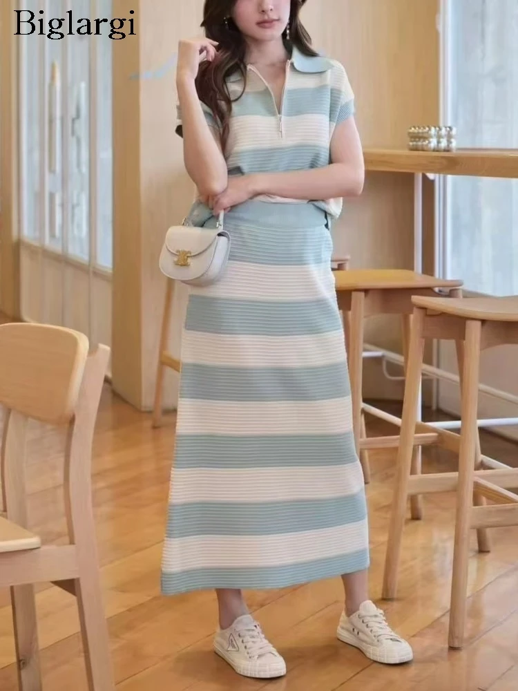 

Knitted Summer Striped Print 2 Two Piece Set Women Casual Modis Ladies Sleeveless Sweaters Korean Style A-Line Loose Woman Skirt