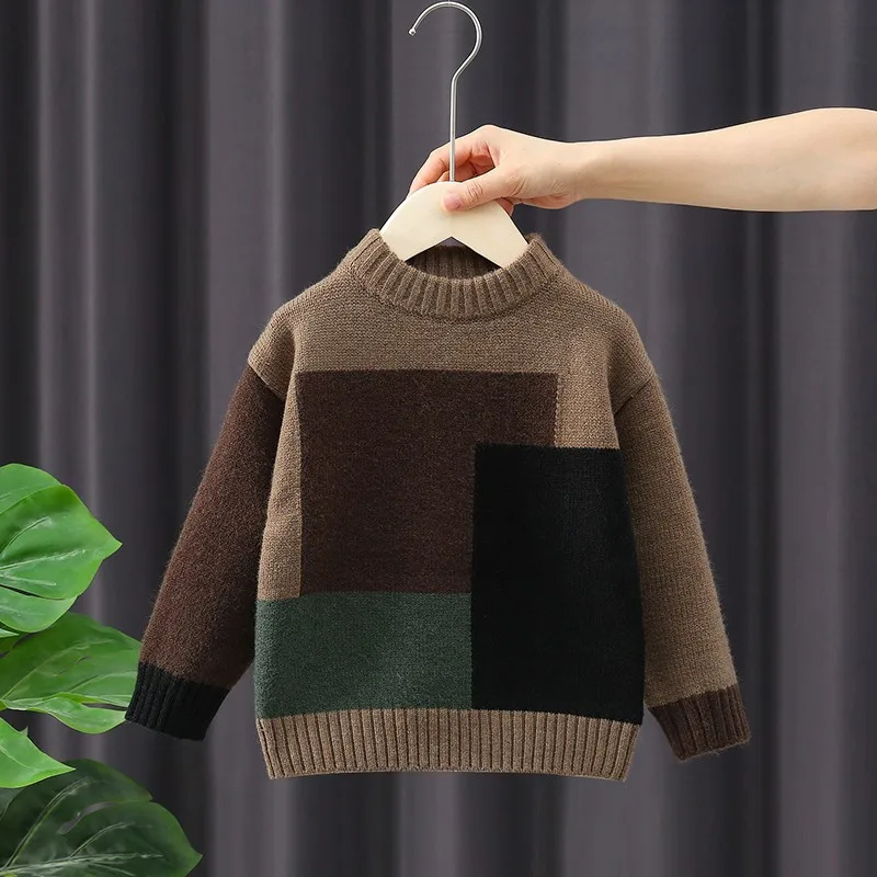 4-15Y Children's O-neck Long Sleeve Sweaters Spring Winter Color Blocked Warm Knitwear for Boys Kid's Fashion Clothes H146-36