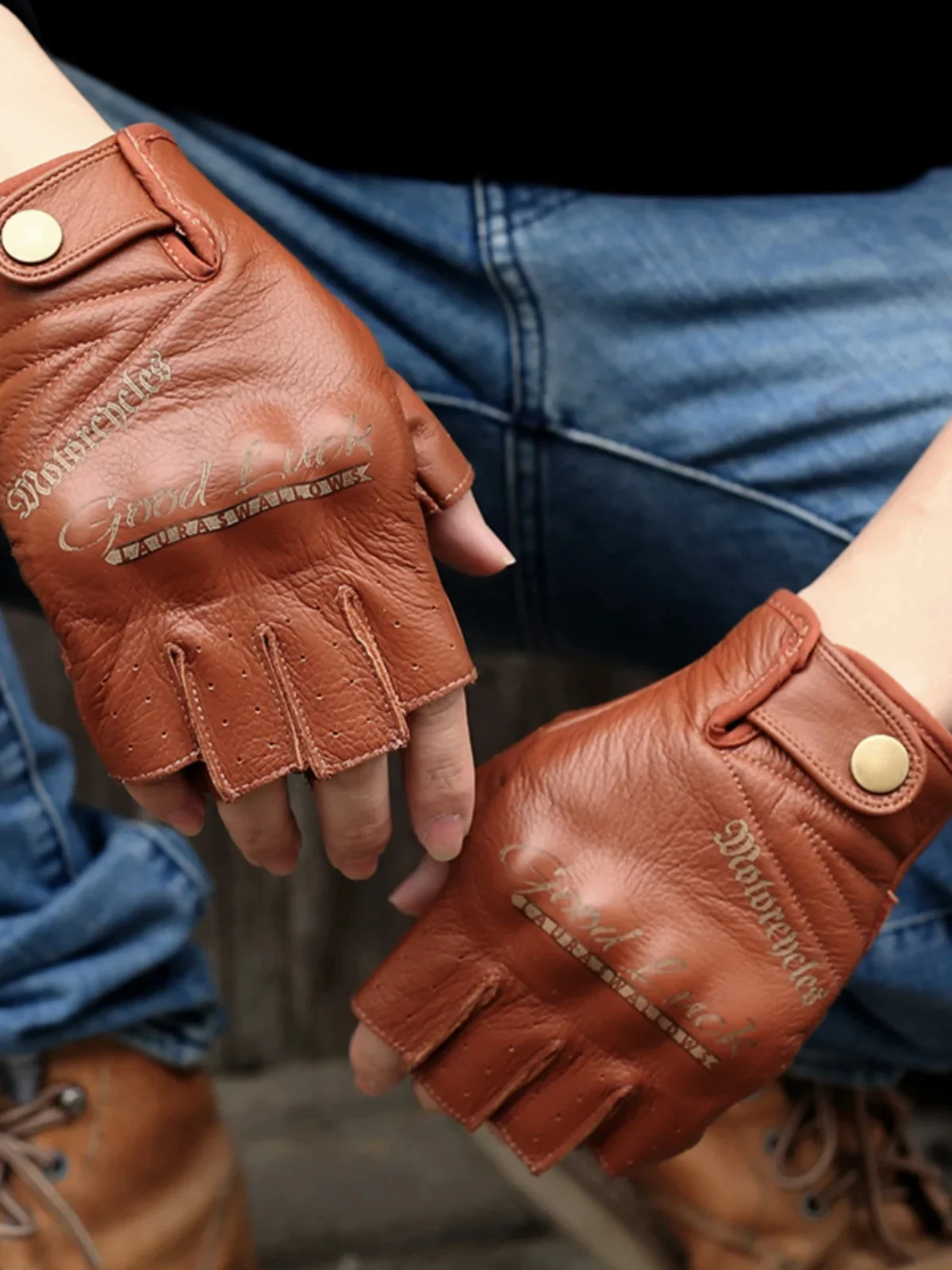 Cowhide Real Half Finger Cycling Driving Motorbike Riding Wear-Resistant Protective Brown Genuine Leather Gloves Men