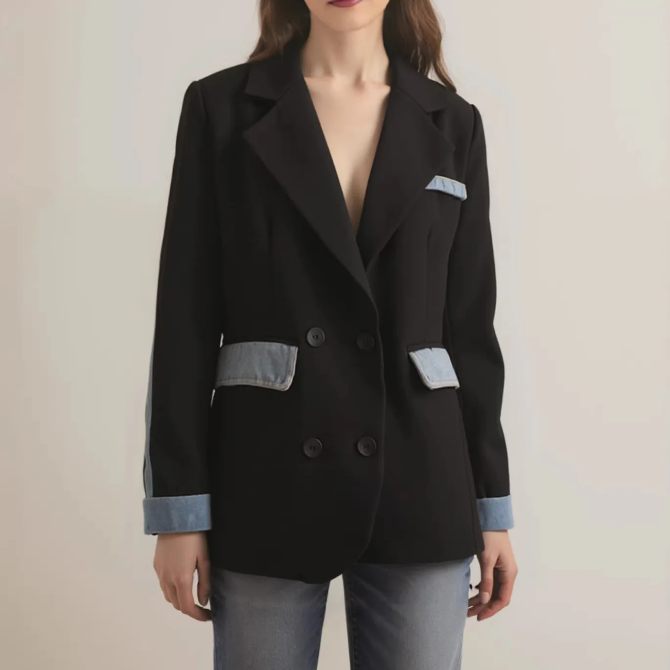 

Женские джинсовые костюмы SuperAen в корейском стиле с контрастными вставками, весна 2026, новый дизайн, свободные пиджаки