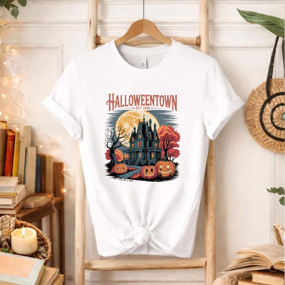 Halloweentown EST 1998 Graphic T‑Shirt Men Women Retro Haunted House Moon Pumpkin Jack‑o‑Lantern Spooky Holiday Party Casual Top