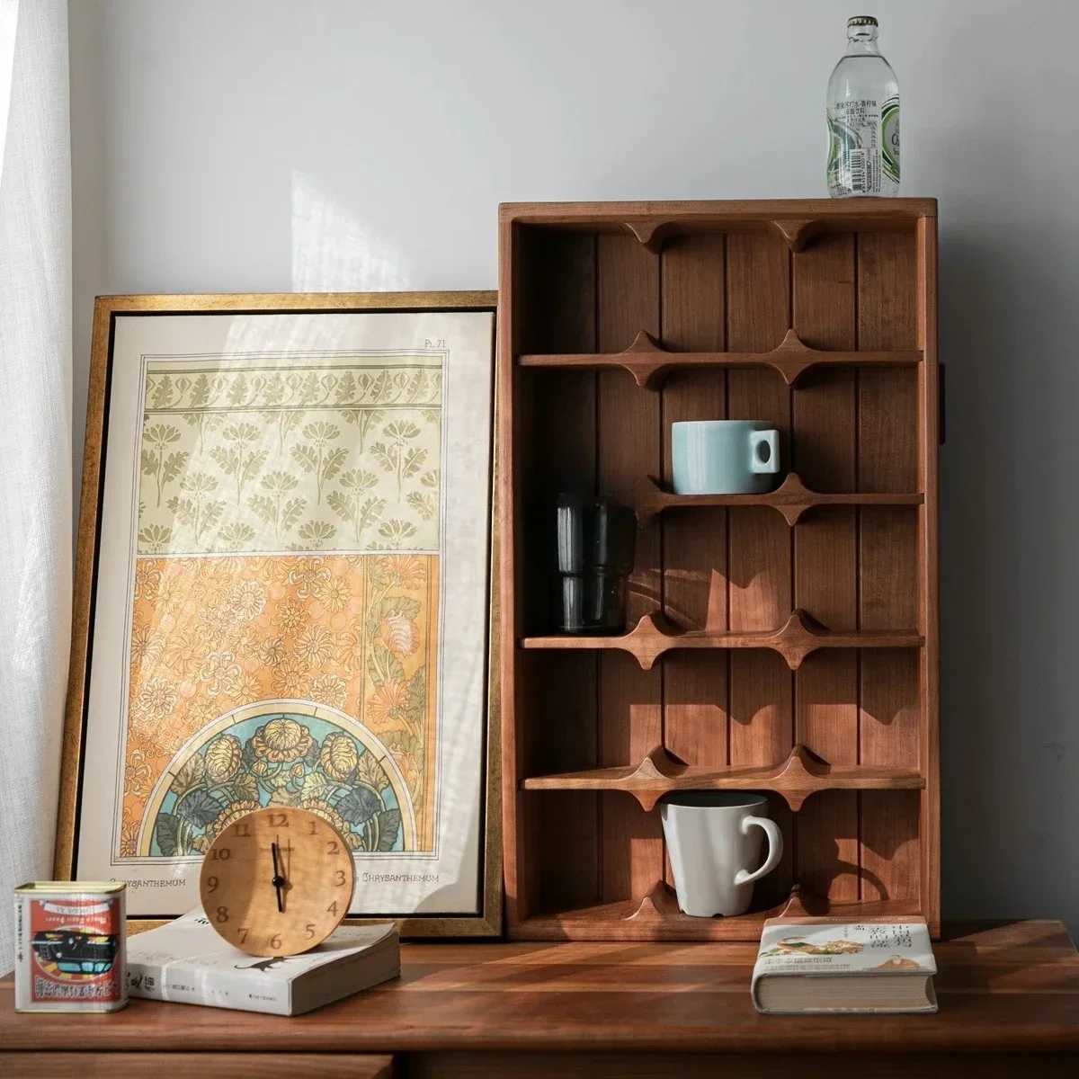 QQCoffee Cup Cabinet Wall Hanging Cup Holder Full Tenon And Mortise Selected Wood Cafe Decorative Cabinet