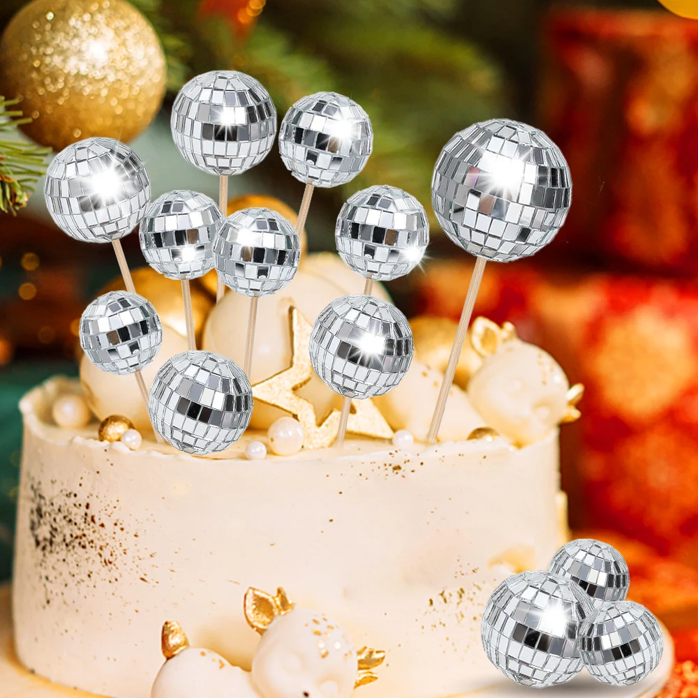 1/4PCS Disco Ball Cake Toppers Mirror Flash Ball Cupcake Insert Balls for Happy Birthday Wedding Christmas Party Cake Decoration