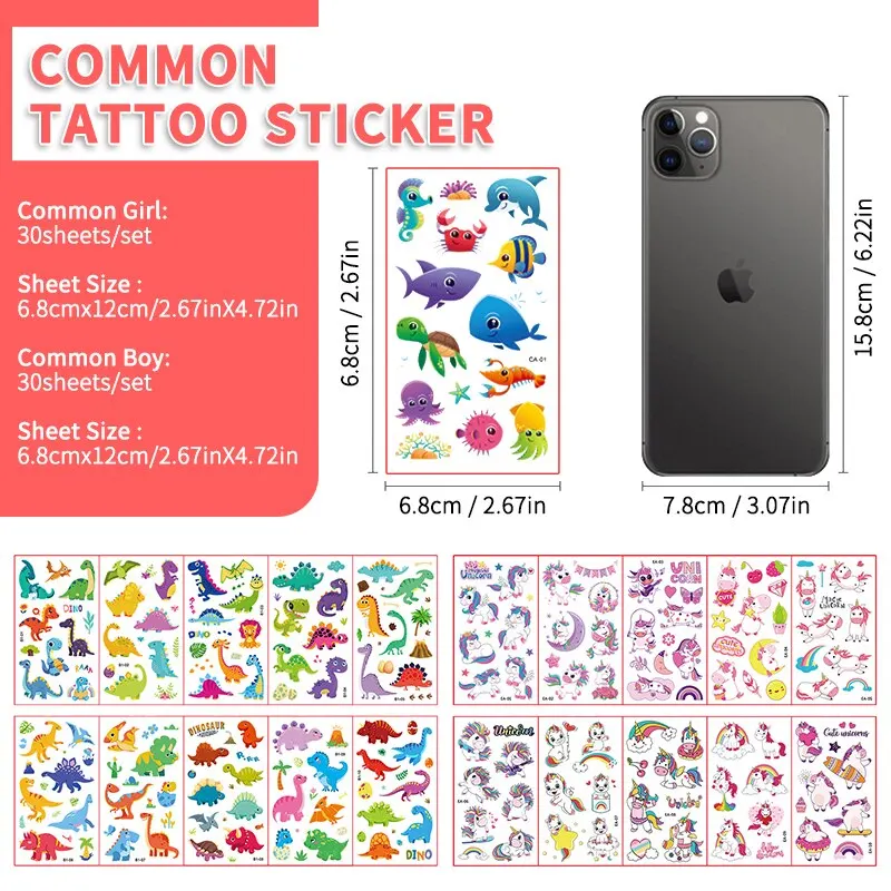 30pcs Children's Tattoo Stickers Kids Girl Boy Body Paster Unicorn Butterfly Mermaid Animal Dinosaur Ocean Car Cartoon Stickers