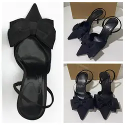 TRAF Women’s Black Bow High Heels Sexy Pointed Slim Heel Slingback Sandals Pumps 2024 Summer Elegant Party Woman Heeled Shoes