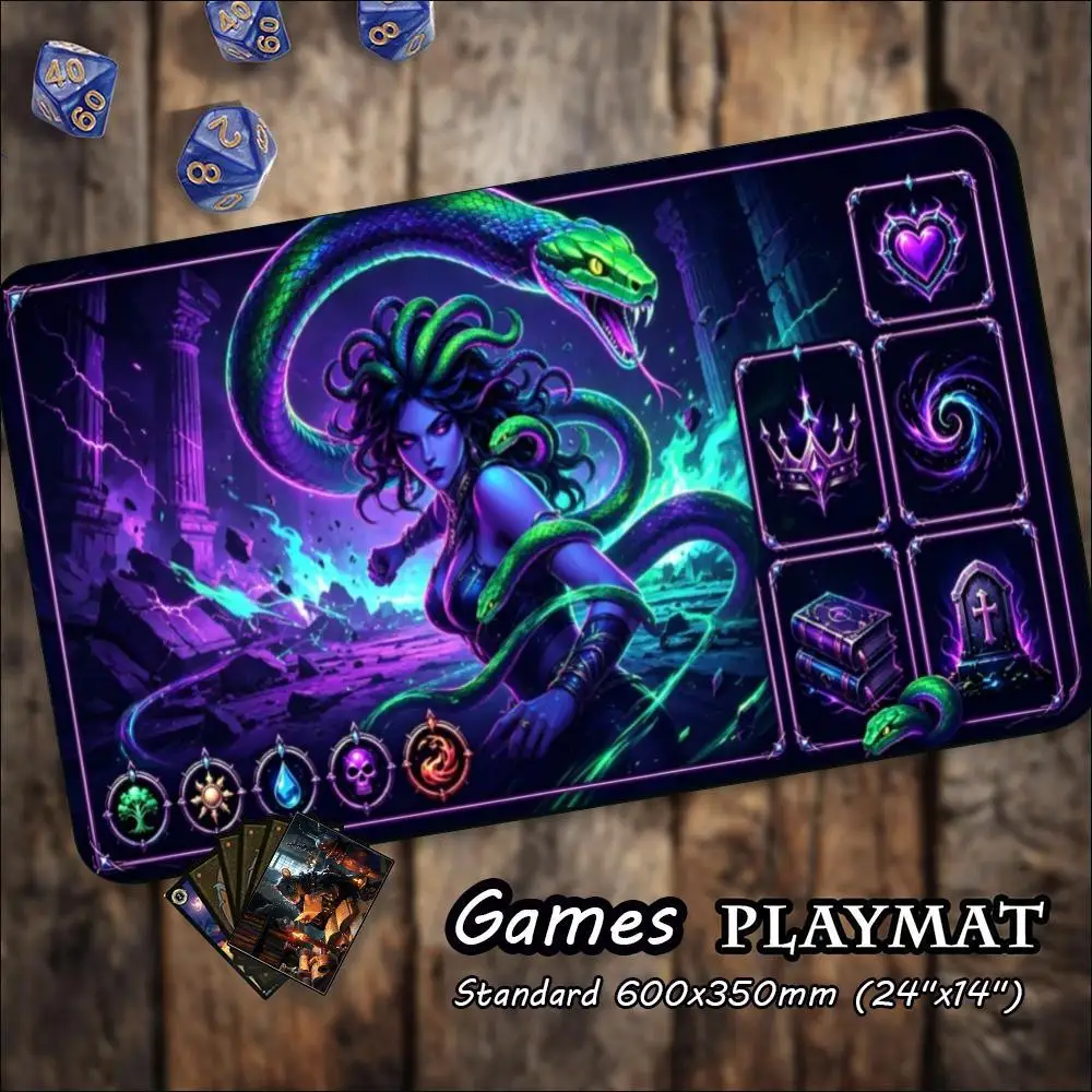 Mystic Neon Gorgon Medusa Large Game Mat Non‑Slip Rubber Playmat Purple Cosmic Swirl for Trading Card Tabletop Hobby Sessions
