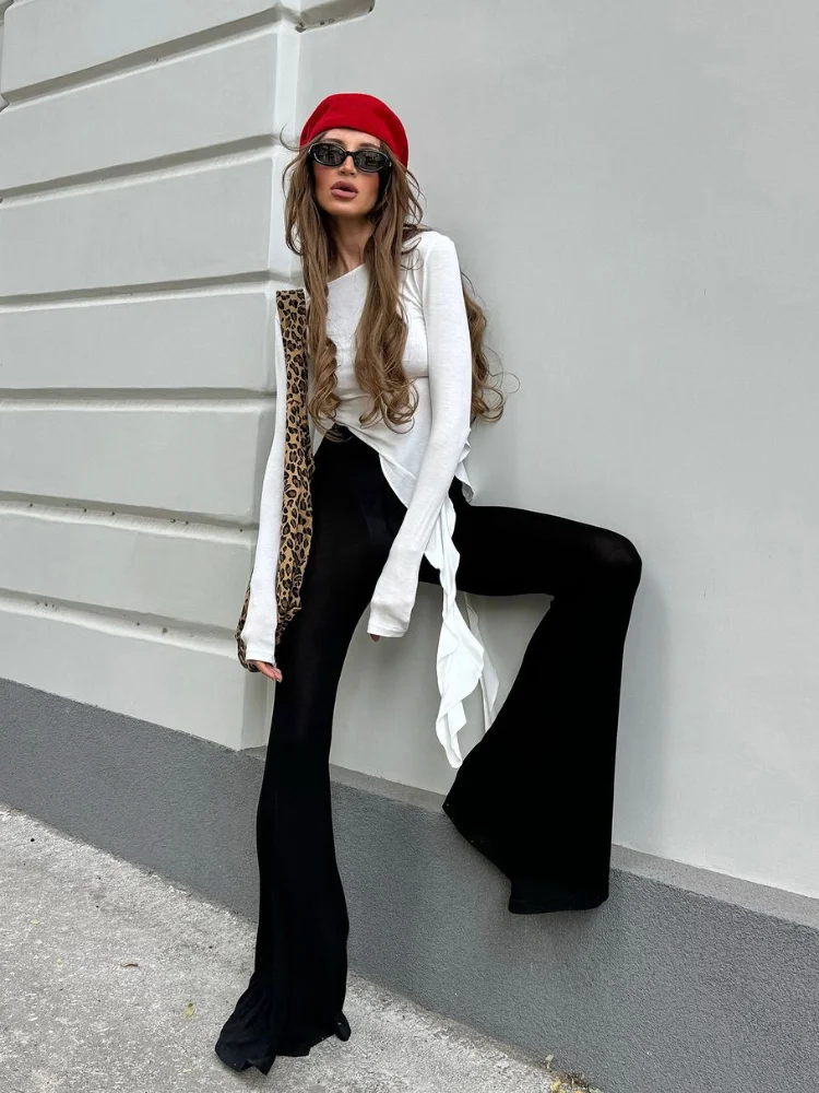 

Women's White Asymmetric Ruffle Hem Top Sexy Versatile Ruched Long Sleeve Fitted Top 2026 Fashion Lady Streetwear Tops
