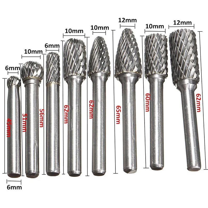 TULX 8pcs/set 1/4 Inch 6mm Tungsten Carbide Burr Bits Rotary Files CNC Engraving Tool Set For Power Tool