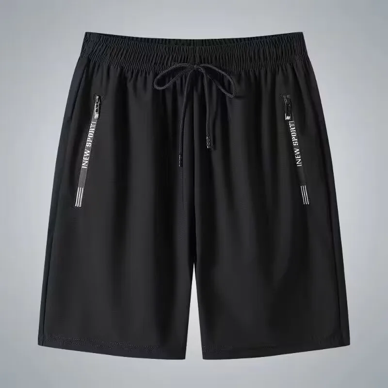 Quick Dry Shorts Men Spring Summer Long Ice Silk Casual Straight Sports Trousers Fitness Training Youth Jogging Zip Pocket Pants