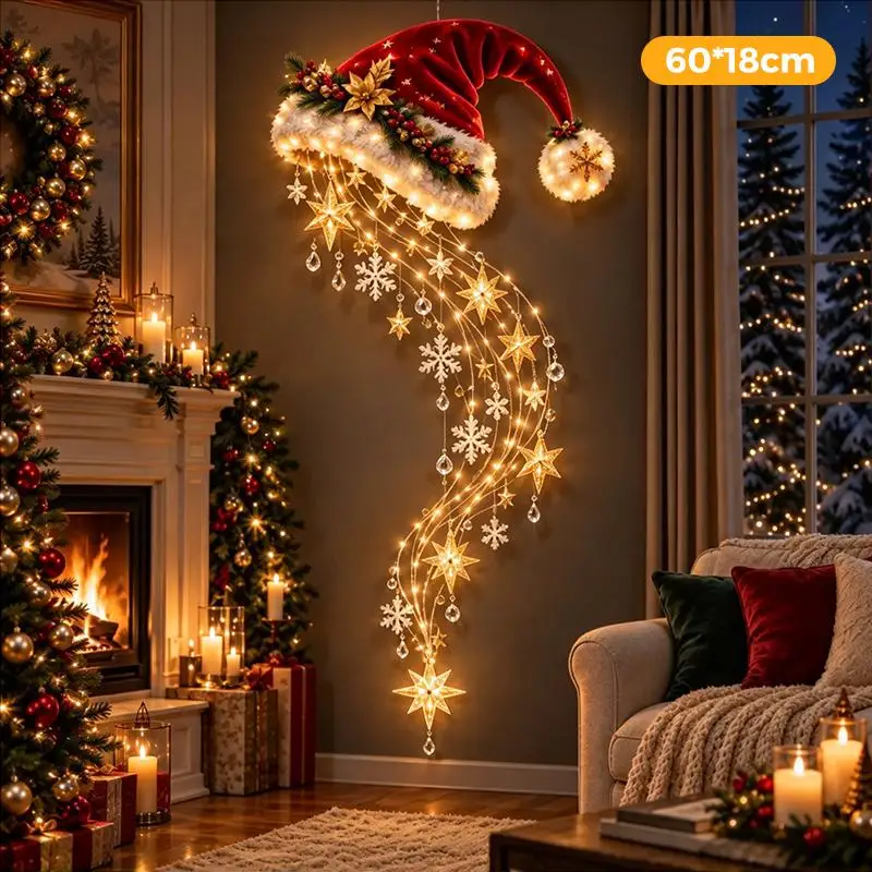 Kerstmagische wandlamp – LED-lichtgevende kerstdecoratie voor de muur, kerstman met slee en rendieren, hangdecoratie voor feestjes.