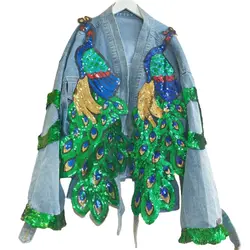 Women V-neck 3D Peacock Sequined Embroidery Jean Coat Autumn Animal Beaded Denim Jacket Shiny Streetwear Cardigan Tops Jaqueta