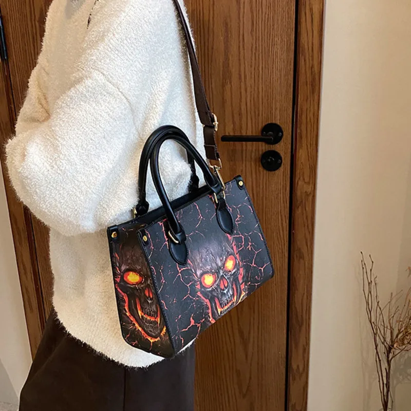 Fierce Skull Print Large Capacity Removable Shoulder Strap Shoulder Bag New Personalized Halloween Crossbody Women's Bag