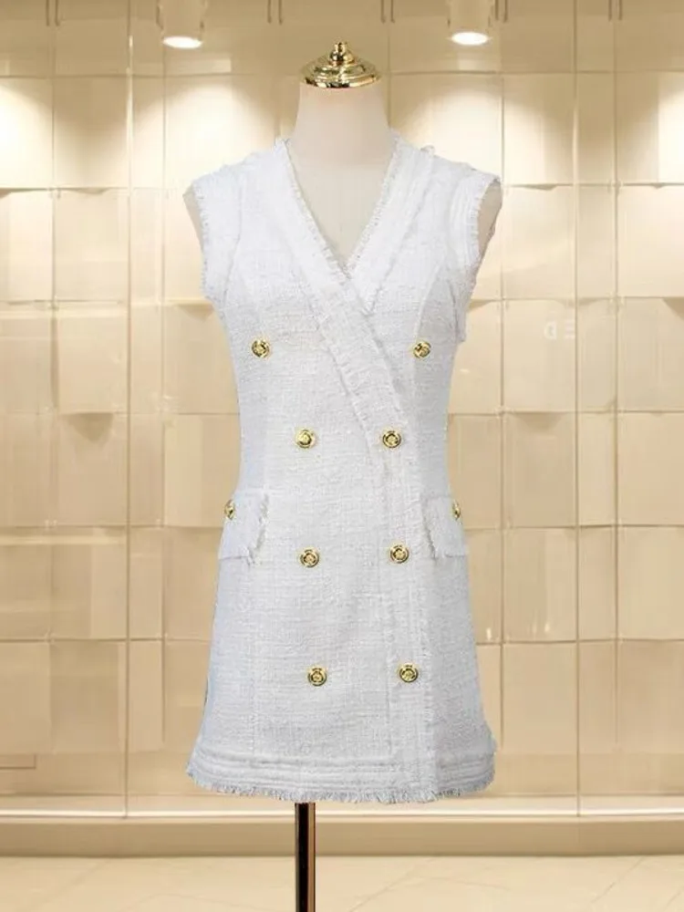 High Quality Korean Fashion Casual Small Fragrance Tweed Dresses Women French Vintage Woolen Summer Dress Elegant Party Vestidos