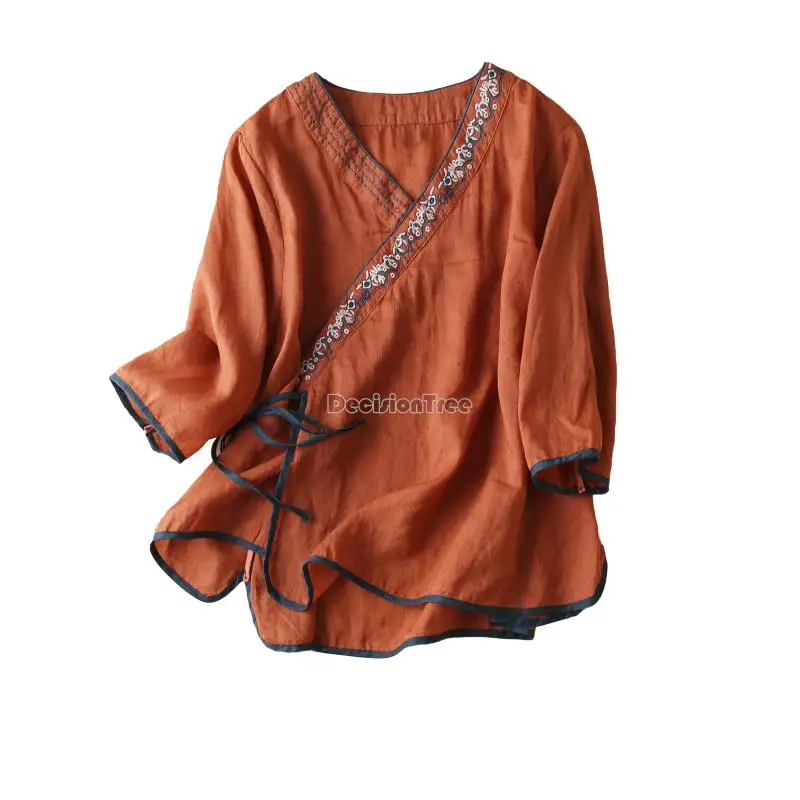 2024 Chinese women elegant blouse cotton linen embroidery ethnic style comfortable loose top comfortable oriental hanfu blouse