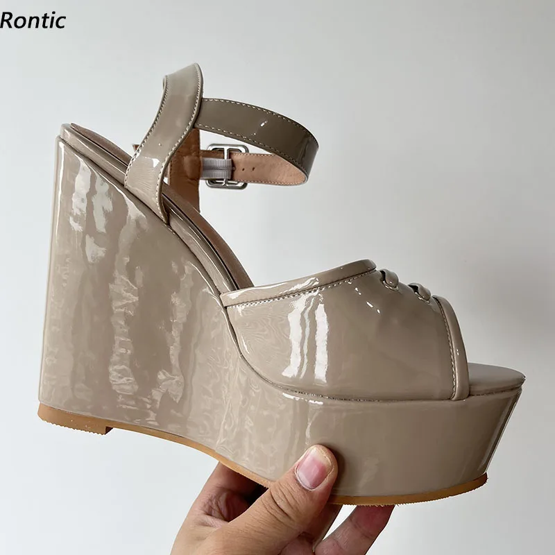 

Rontic Handmade Women Platform Shiny Sandals Comfort Wedges Heels Peep Toe Pretty Nude Party Shoes US Plus Size 5-20