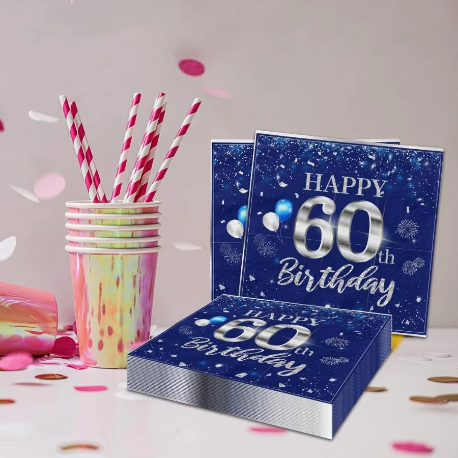 40Pcs 60th birthday pkins Party Decorations 60 Years Old Sliver Blue Disposable Birthday Beverage Dessert Cake Table Decoration