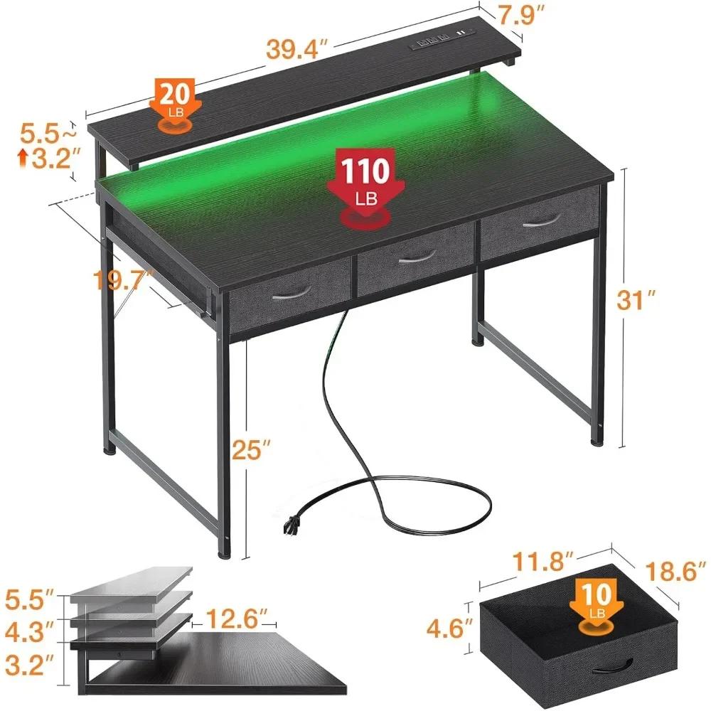 Mesa de computador pequena de 40 polegadas com 3 gavetas e tomadas de energia USB