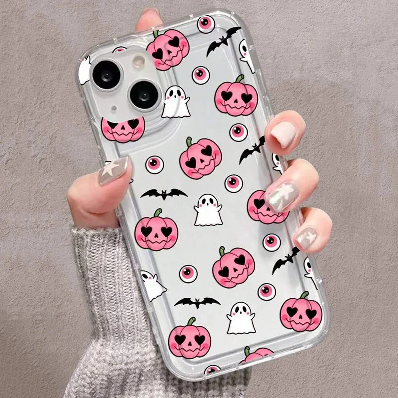 Halloween Pumpkin Ghost Transparent Phone Case For iPhone 11 12 13 14 15 16 Pro Max XS X XR 7 8 Plus SE 3 2022 Soft Airbag Cover