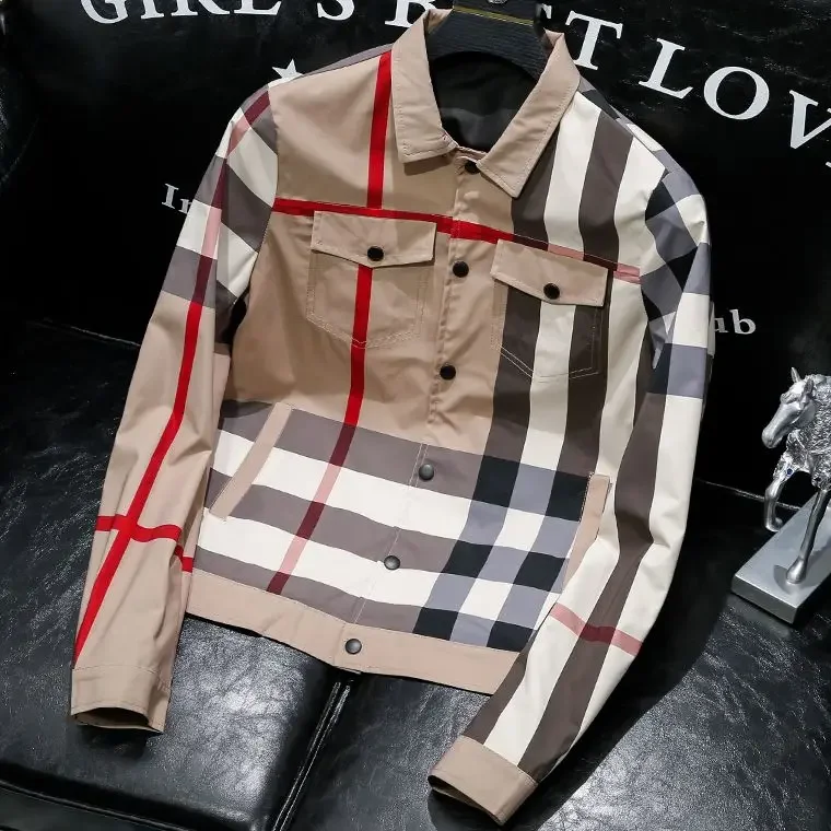 Men's plaid coat in the spring and autumn wear thin trend printing lapels Joker tooling casual.