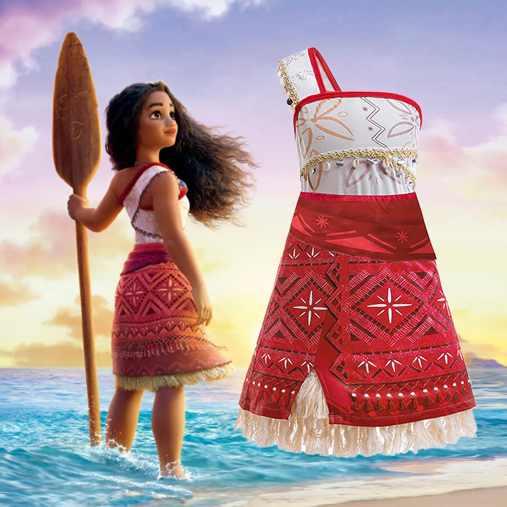 

Princess Gown For Cosplay Party Moana Girls Fluffy Birthday Fashion Dress Kids Red Flower Print Dresses Young Girl New Costumes
