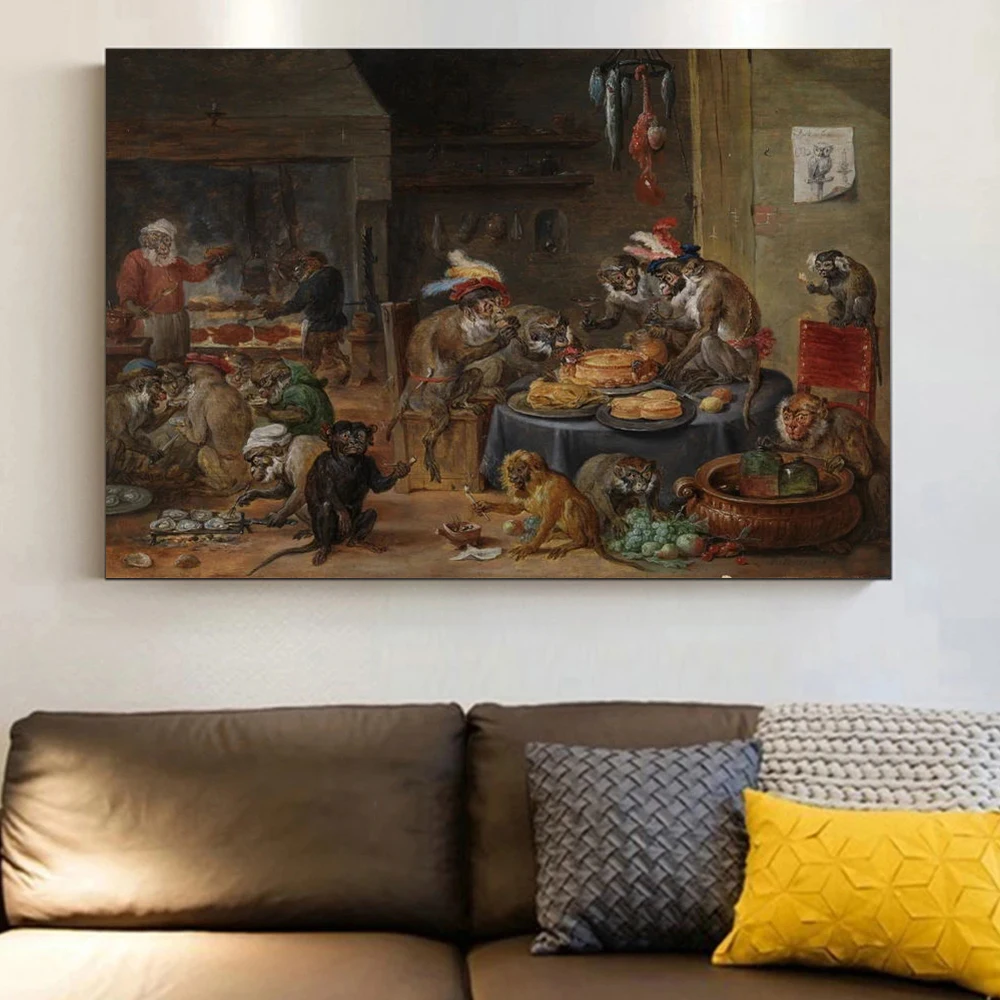 

David Teniers Monkey Banquet Art Canvas Painting Fruits Wine Baking Smoking Fun Wall Poster Prints Room Home Pictures Decoration