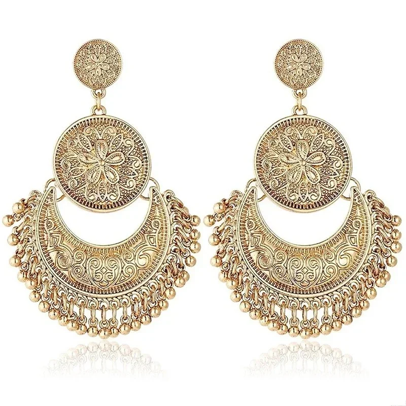 Delysia King Bohemia Women Geometric Alloy Tassels Earring Ethnic Crescent Carving Beads Dangler