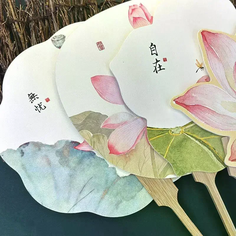 Shaped Traditional Chinese Hand Fan With Bamboo Handle Watercolor Print And Soft Tassel For Hanfu Outings Tea Ceremony Lotus