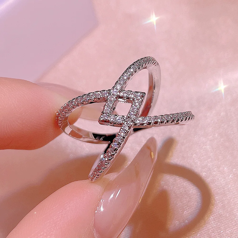 925 silver new ring fashion hand-set diamond interwoven square ring temperament wild jewelry party birthday jewelry gift