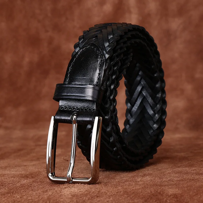 

3.3CM Ladies Pure Cowhide Hand knitting Genuine Leather Belts for Women Retro Strap Pin Buckle Cowboy Female Waistband Unisex