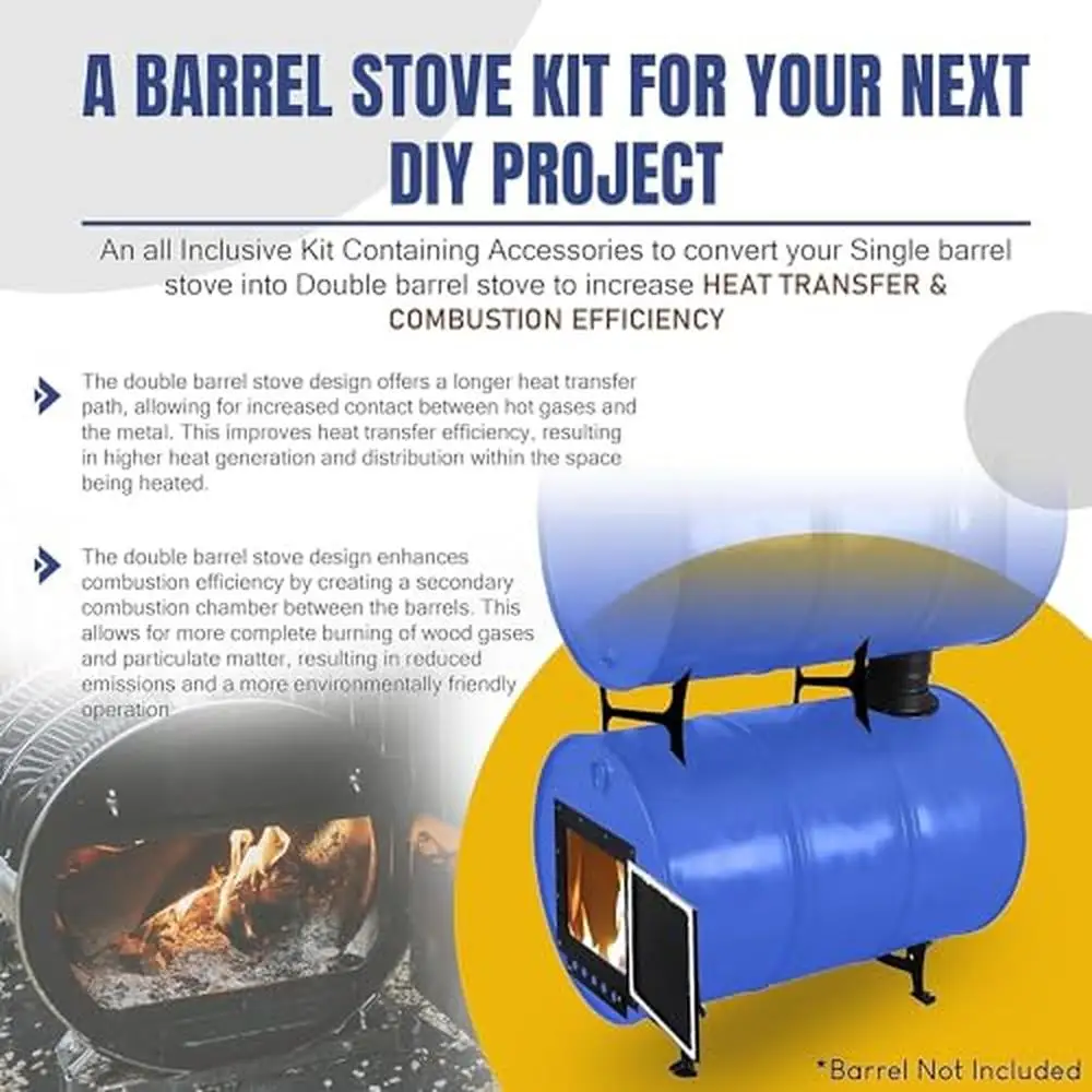 Double Barrel Stove Kit 55 Gal Drum Outdoor Fireplace Camp Survival Heating Emergency Kit Wood Burner Pellet Conversion Carbon