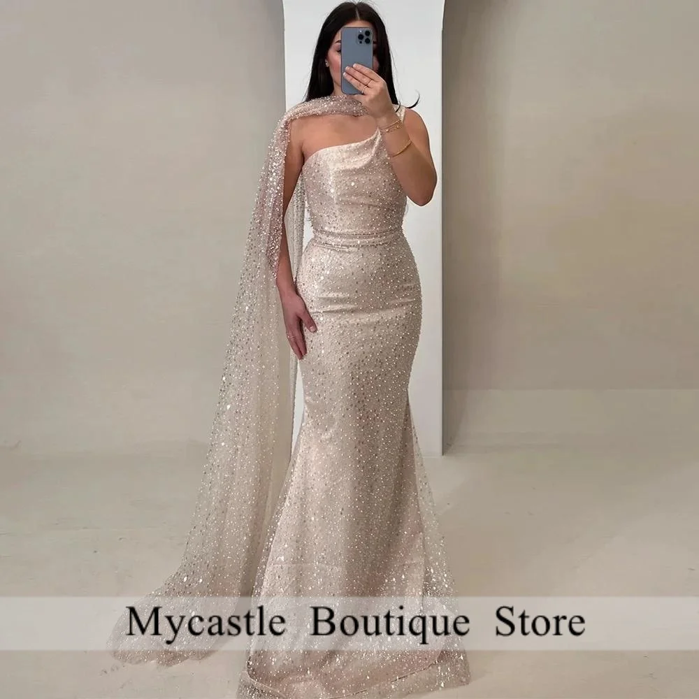 

Блестящее белое вечернее платье с пайетками 2025 для женщин, индивидуальное вечернее платье на одно плечо для выпускного вечера со шлейфом, свадебное платье