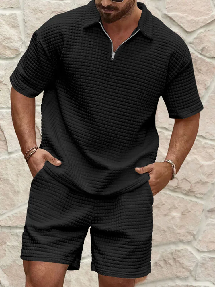 

New men's casual, fashionable and comfortable waffle checkered letter lapel sportswear set, spring and summer two-piece set