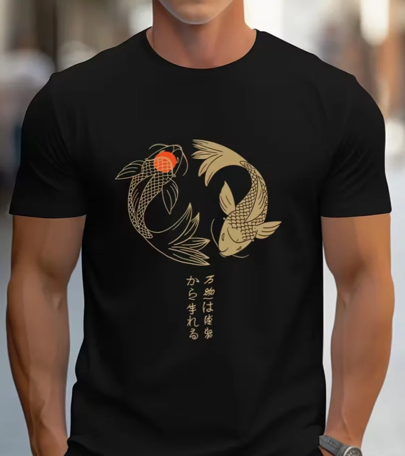Navy Blue T-Shirt with Stylized Golden Koi Fish Yin-Yang Arrangement, Vertical Japanese Casual Outdoor Crew Neck Tee for Men