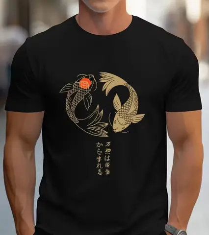 Camiseta Azul Marino con Diseño Estilizado de Pez Koi Dorado Yin-Yang, Camiseta Casual Japonesa Vertical con Cuello Redondo para Hombre