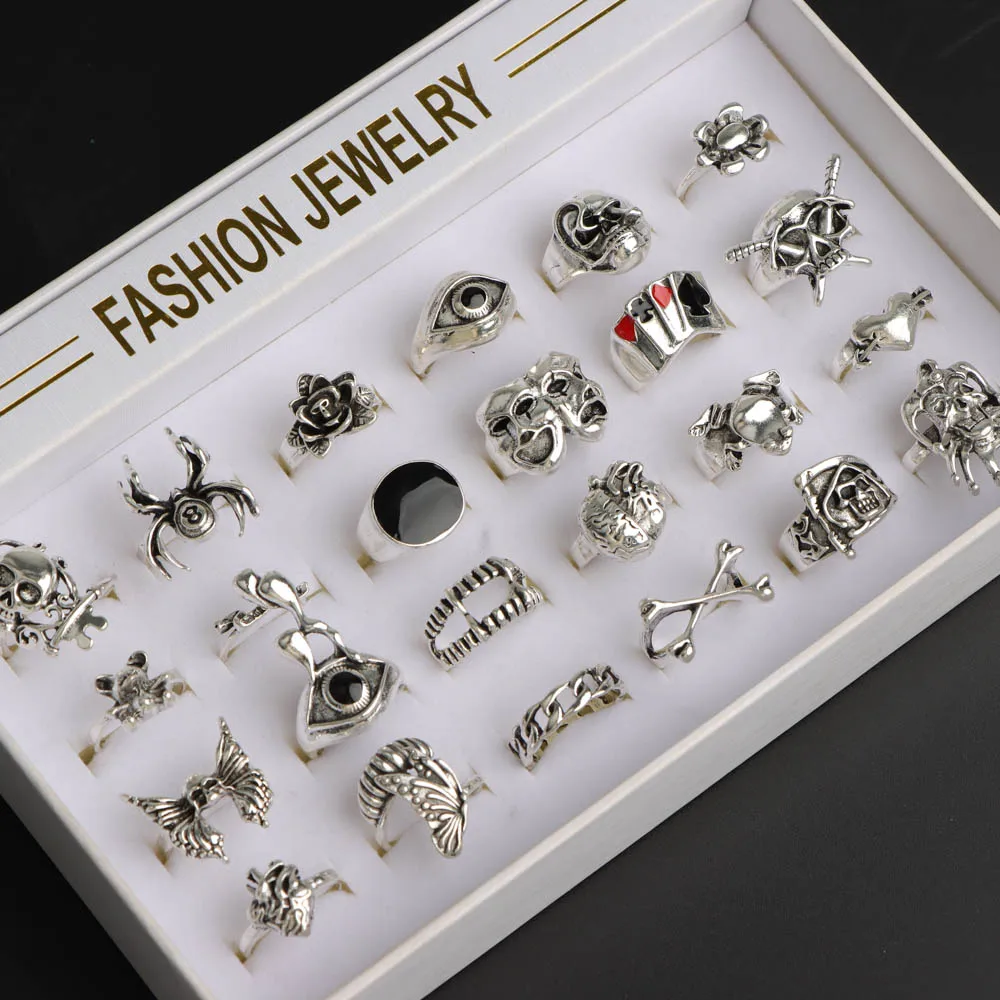 24 قطعة/الوحدة موضة خمر تصميم جديد الشرير القلب الجمجمة العين خواتم الاصبع مجموعة للنساء الرجال مزيج نمط الهيب هوب مجوهرات هدايا الحفلات