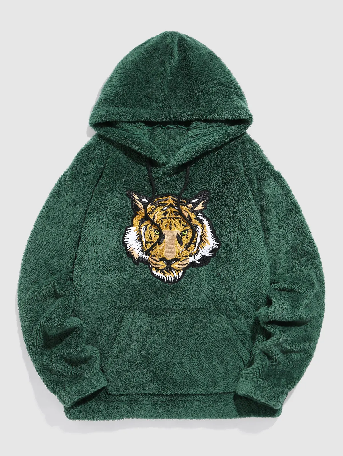 

ZAFUL Tiger Embroidered Pocket Fluffy Hoodie