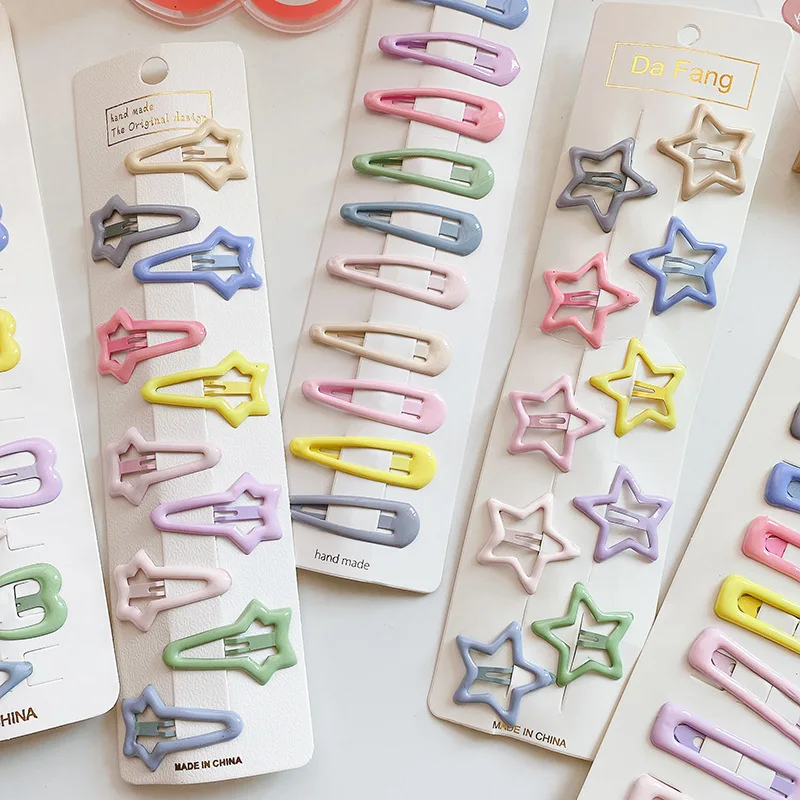 10Pcs/Lot Candy Color Star Hair Clips for Baby Girls Colorful Heart Metal Snap BB Clip Boutique Hairpin Kids Hair Accessories