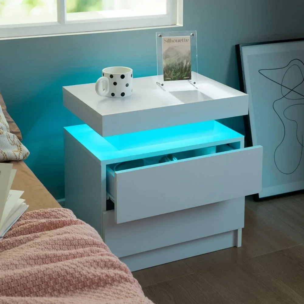 Juego de mesita de noche LED con 2 cajones, mesita de noche con cajones, muebles de dormitorio, mesa de cama lateral con LED